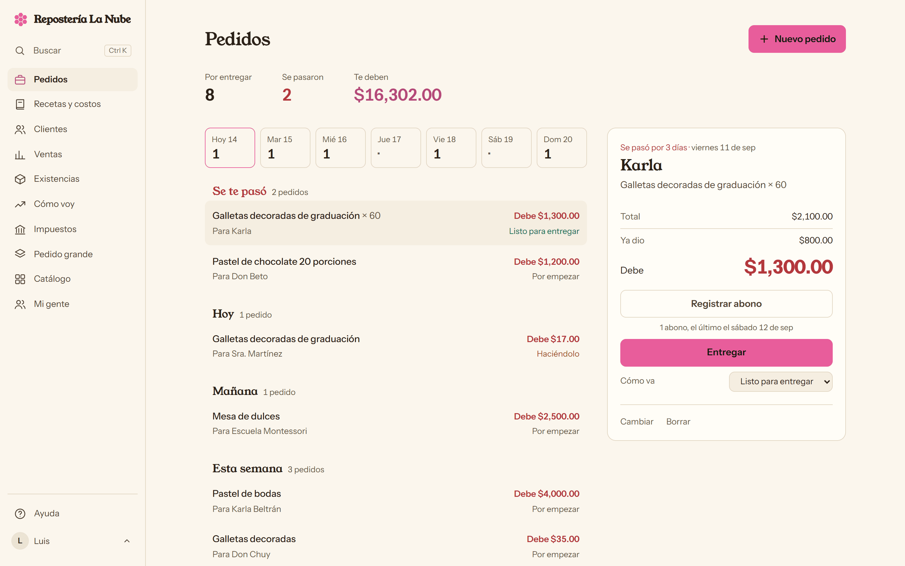Los pedidos de una repostería en Panal, ordenados por fecha de entrega